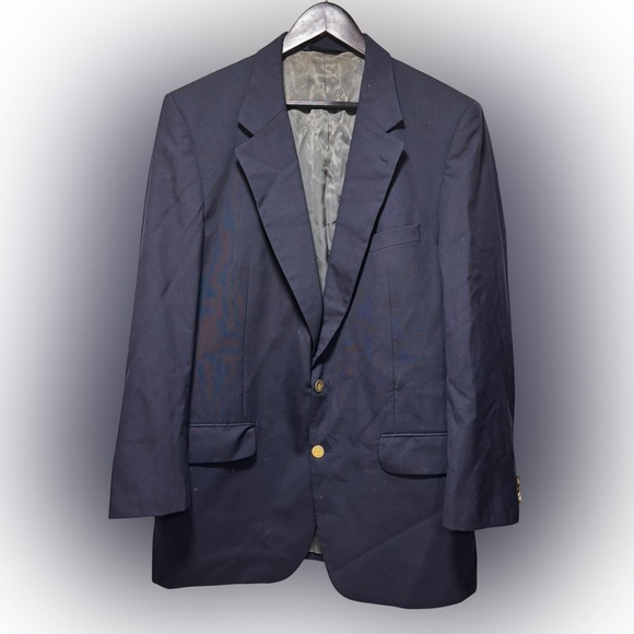 Vintage Burberry Blazer Mens 46R Navy Blue Wool Double Breasted Gold Buttons USA